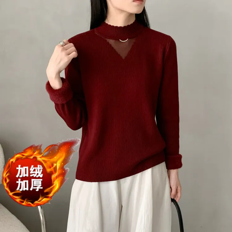 秋冬新款一体绒毛衣女蕾丝加厚内搭针织保暖加绒半高领打底衫