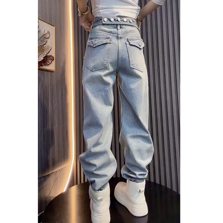 加绒加厚窄版直筒牛仔裤女2025秋冬新款大码高腰显瘦弹力拖地裤子