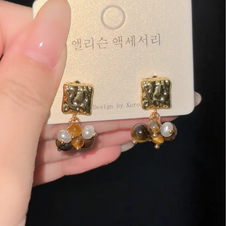 纯铜树脂耳饰 复古虎眼石串珠耳钉女时尚复古精致小众个性耳饰