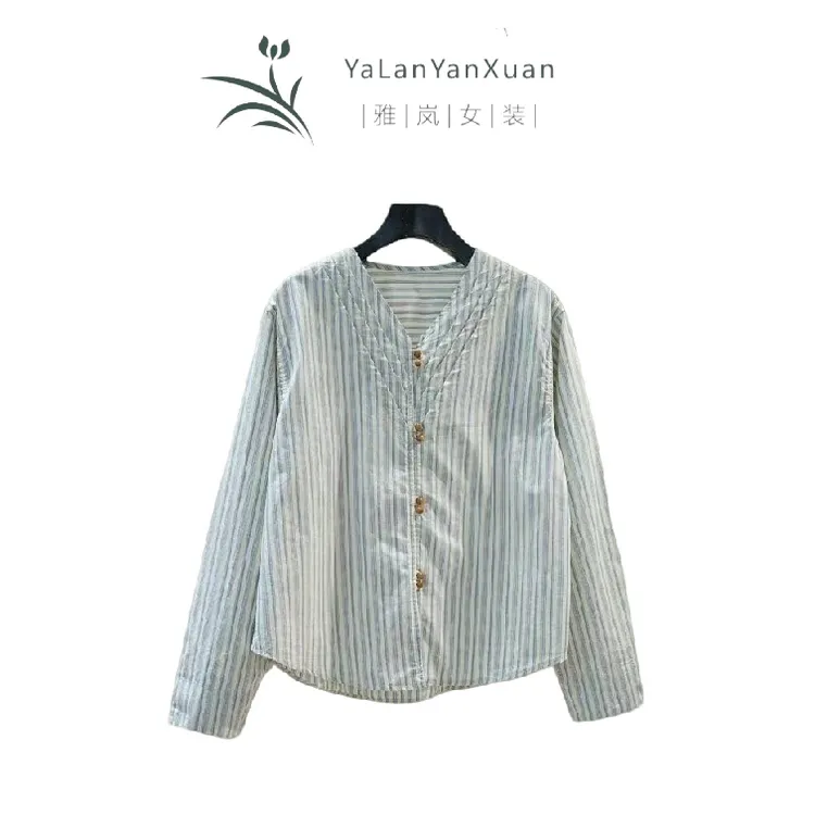 【雅岚女装】时尚洋气显瘦设计感褶皱条纹纯棉衬衫叠穿小个子长袖衫