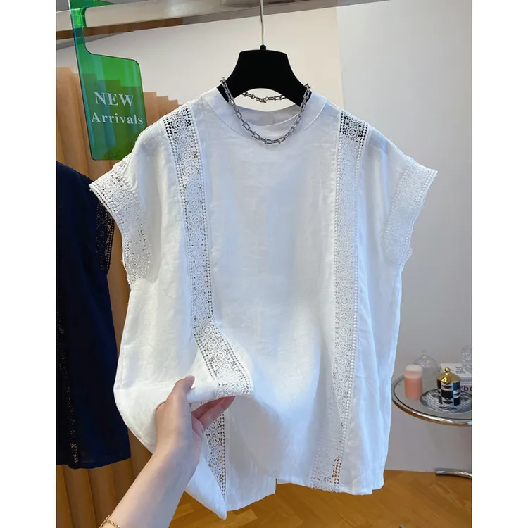 高端设计年轻款无袖上衣女夏季2025新款宽松镂空蕾丝拼接坎肩衬衫