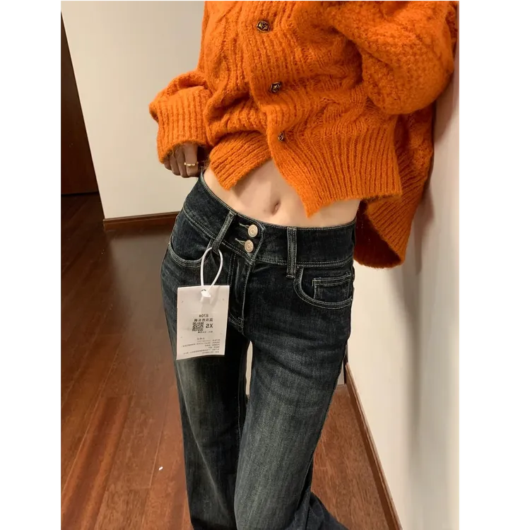 2025新款加绒美式显瘦复古微喇叭裤双扣弹力外穿牛仔裤女长裤