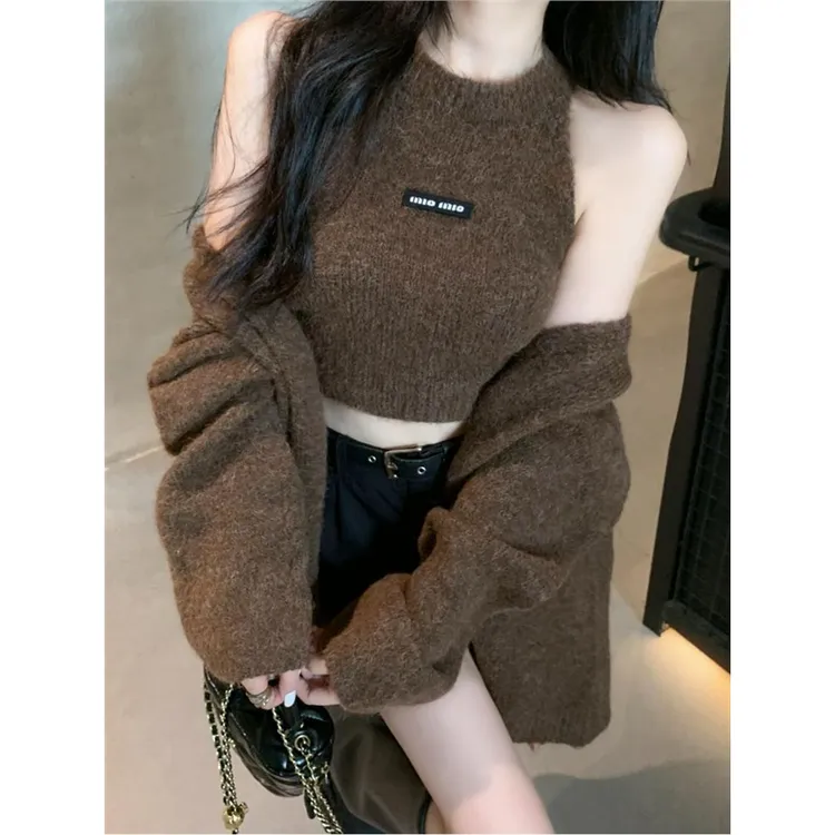 高级感慵懒风辣妹中长款毛衣外套女秋冬美拉德软糯背心上衣两件套
