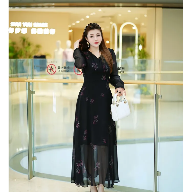 XYD71675法式印花复古长袖长裙气质显瘦收腰大码女装连衣裙