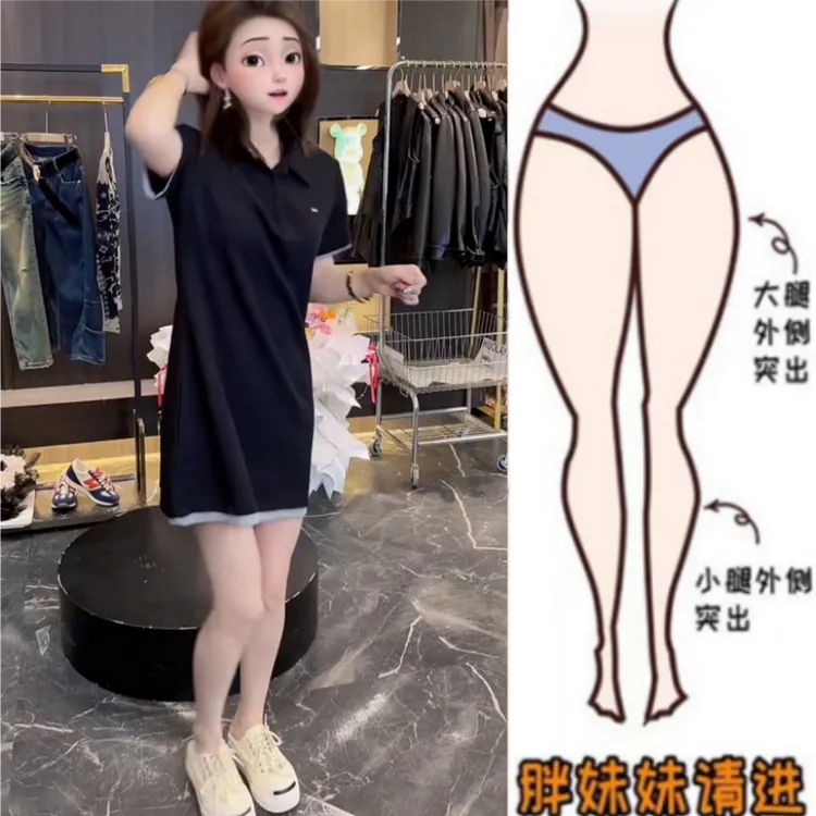 Polo领短袖t恤裙子女夏气质胖mm新款显瘦遮肚休闲运动直筒连衣裙