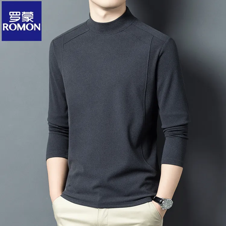 罗蒙秋冬半高领双面德绒男士打底衫内搭休闲中领保暖长袖T恤上衣