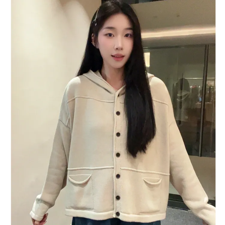 加厚连帽设计款女装2025秋冬新宽松休闲系毛针织衫女长袖针织上衣
