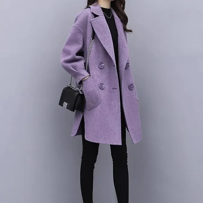 小个子紫色毛呢外套女2024秋春新款韩版中长款灯笼袖呢子大衣女