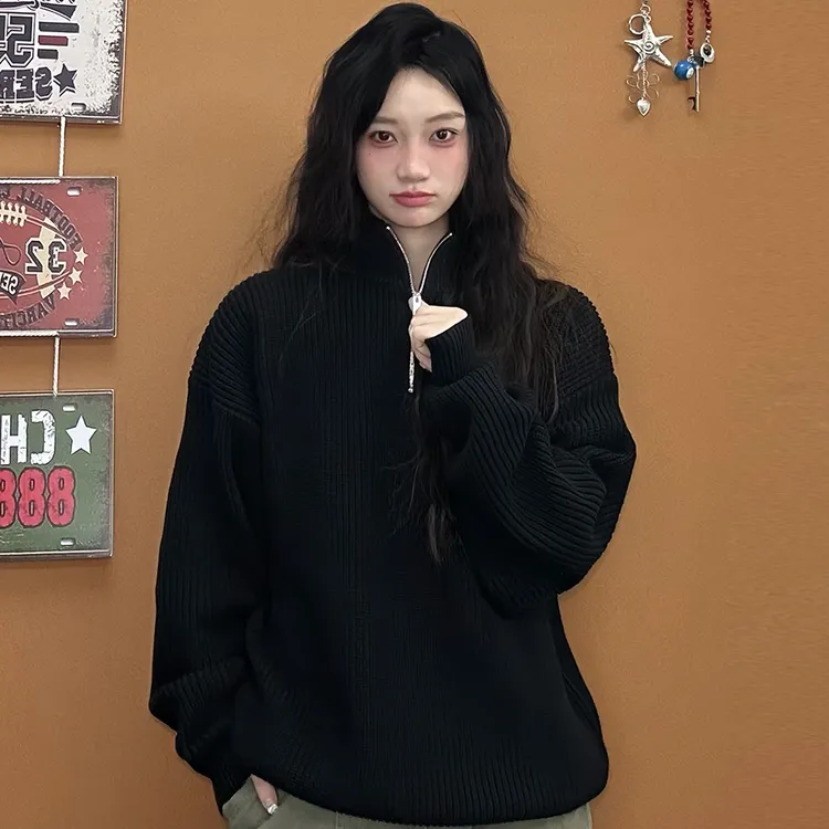 JADEQILIN秋冬情侣百搭高领半拉链纯色套头针织毛衣外套