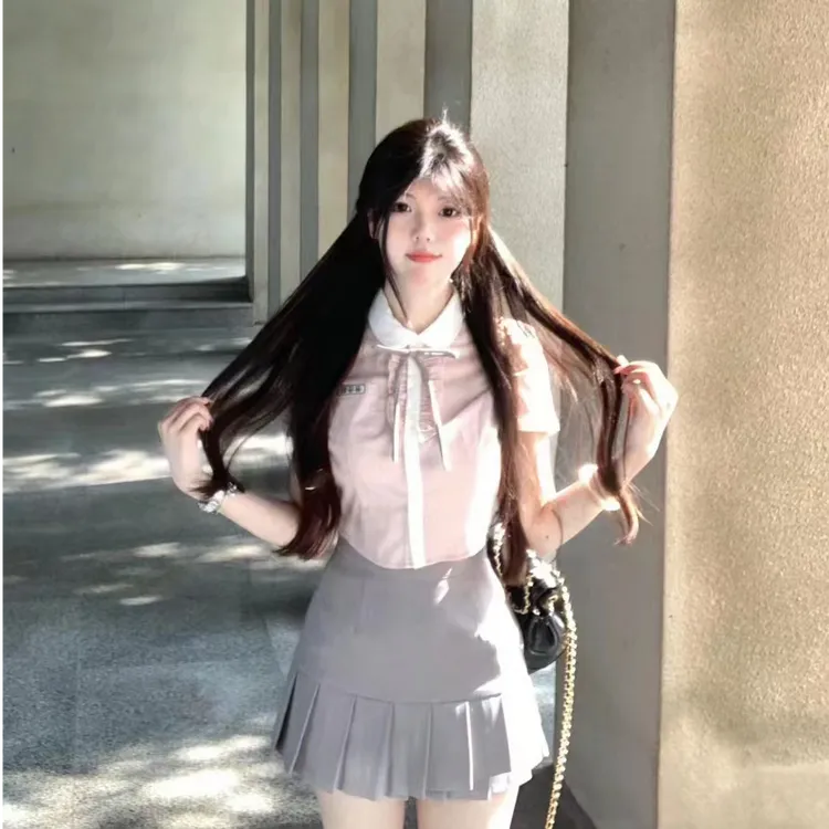 夏季迪士尼甜美粉色jk衬衫灰色百褶裙 韩系显瘦制服学院风套装女
