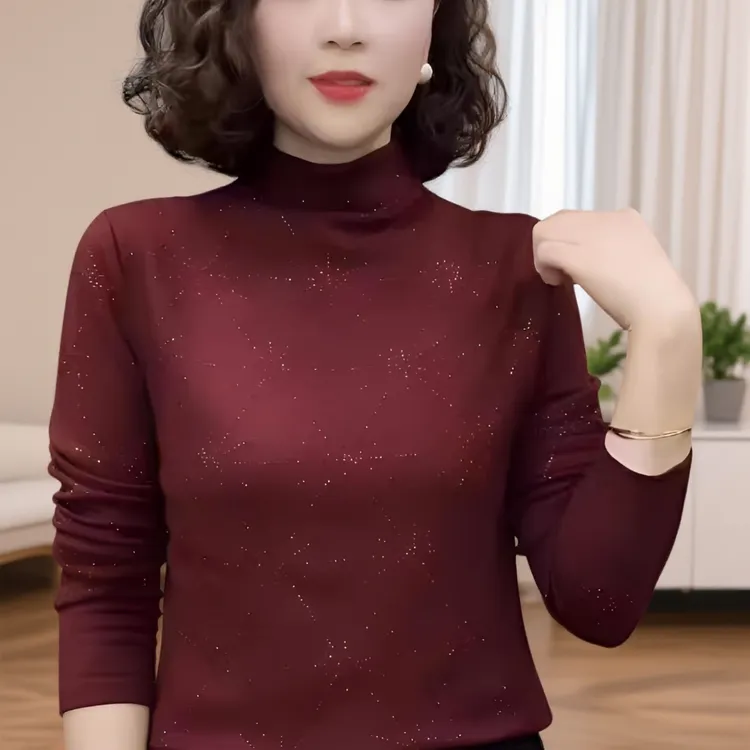 半高领烫钻打底衫秋冬妈妈装长袖T恤衫显瘦百搭纯色妈妈德绒上衣