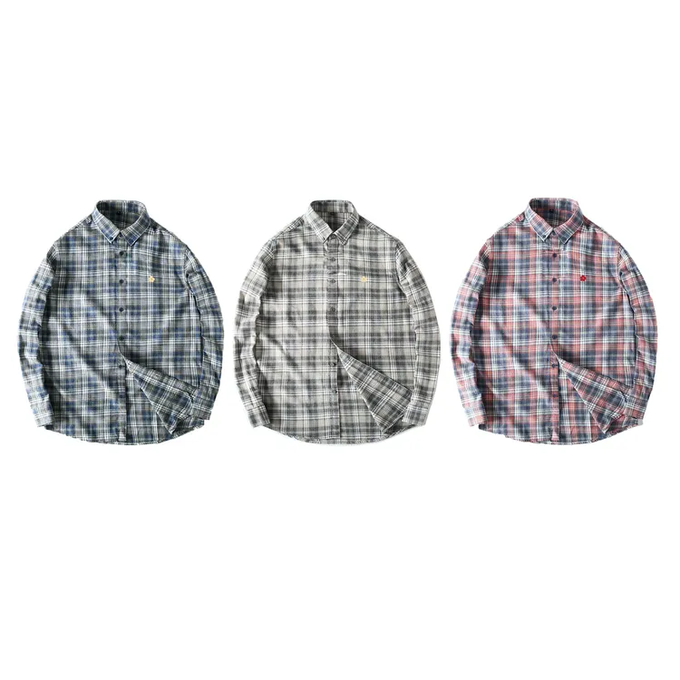 Aleksandre棉宝"磨毛长绒棉"棉花刺绣休闲复古格子衬衣长袖衬衫