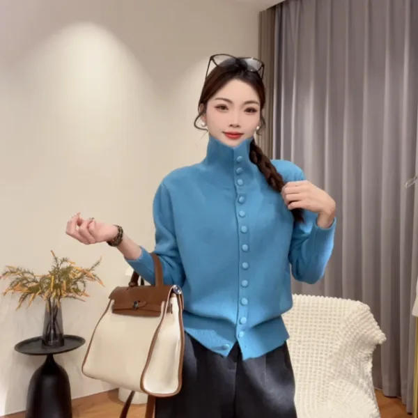 高领针织开衫女2025秋冬季新款复古韩系慵懒风高级感加厚毛衣外套