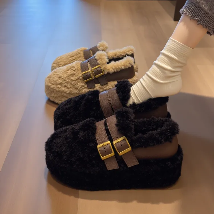 羊羔绒厚底毛毛鞋女秋冬新款洋气高级感黑色毛茸茸一脚蹬增高棉鞋