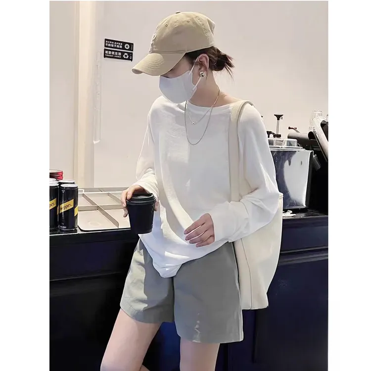 春秋柔软宽松纯色雪花棉长袖t恤女装欧货新款显瘦棉麻上衣打底衫