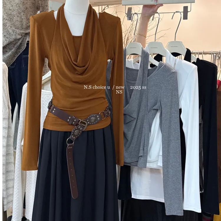 新款韩系假两件打底洋气设计感小众时尚百搭修身长袖气质显瘦长袖