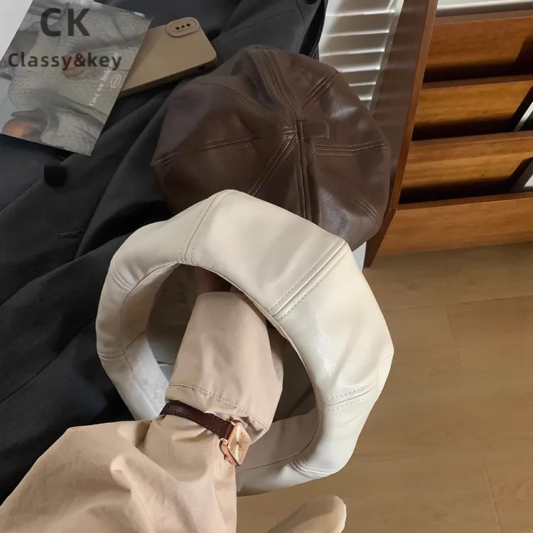 Classy key新加坡设计师联名款皮质贝雷帽女春夏八角帽复古画家帽