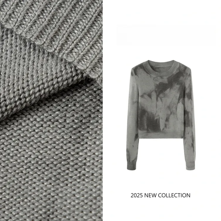 【高知灰咖】春季新款百搭设计感晕染印花圆领长袖打底针织衫女2993