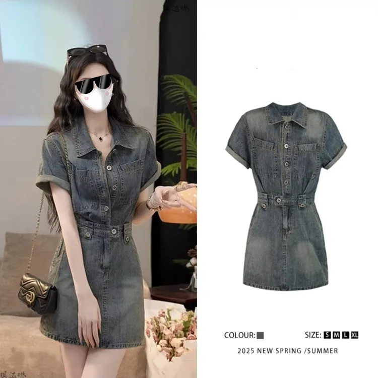 夏季新款韩版气质港风时尚复古收腰时尚显瘦牛仔连衣裙女