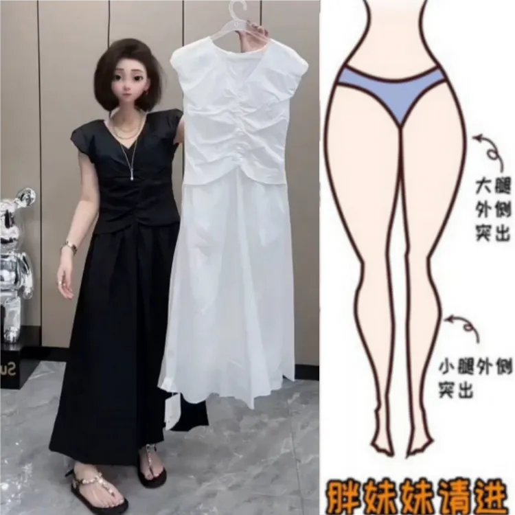 女夏季新款时尚洋气减龄甜美V领收腰休闲连衣裙法式褶皱别致长裙