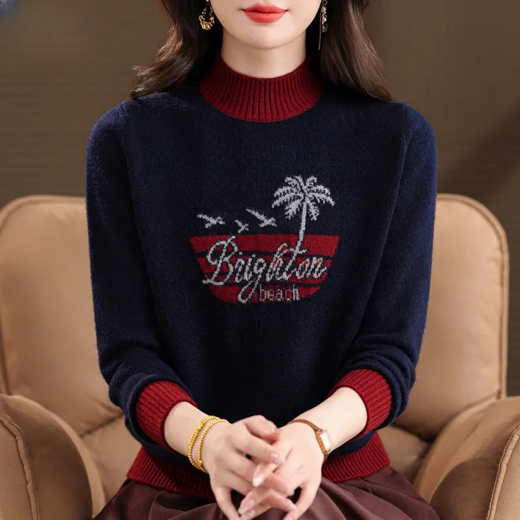 2025新款冬季妈妈羊绒洋气半高领宽松打底衫内搭羊毛衫加厚毛衣女