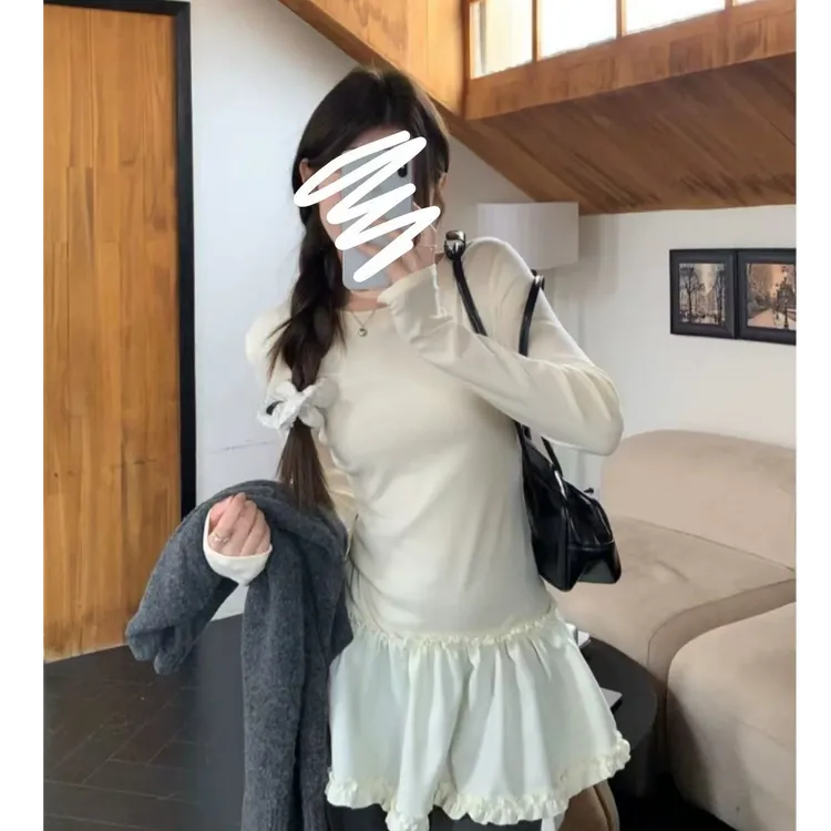 2025早春秋大码女装韩系简约裙摆加长花边屁帘内搭叠穿可外穿打底