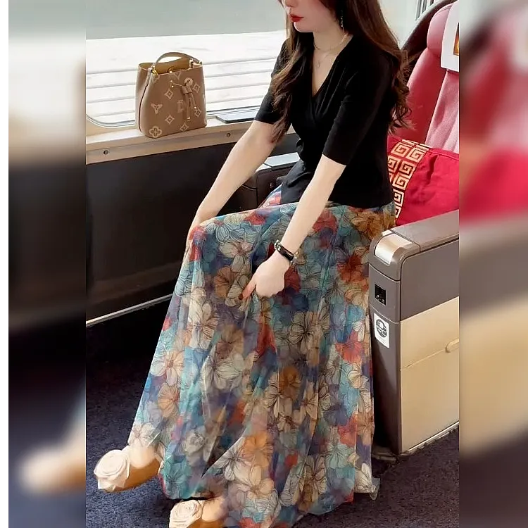 [工厂直销套装]夏季款多巴胺V领针织短袖超仙碎花半身裙T29+Q240