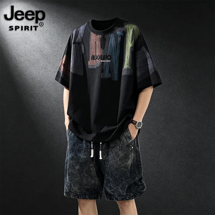 JEEPSPIRIT吉普男夏季套装潮流印花圆领短袖宽松透气短裤两件套