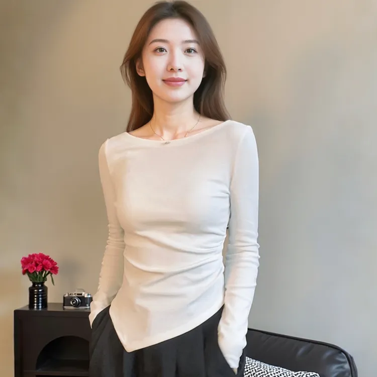 早秋一字肩女白色打底衫长袖修身露肩洋气显瘦百搭设计感T恤上衣