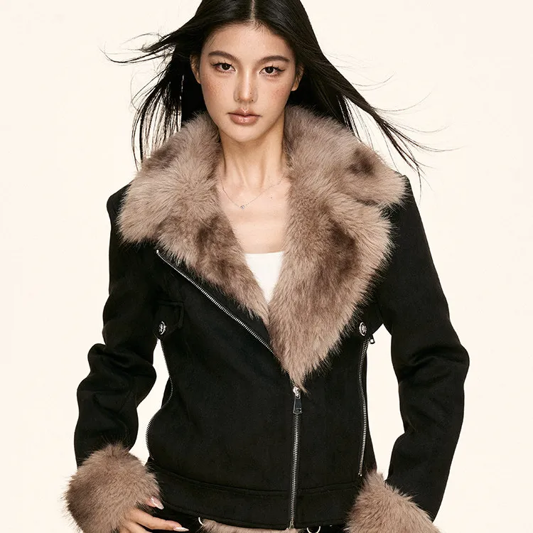 美式黑色翻领皮毛一体毛绒毛领外套女冬季新款加厚修身短款夹克