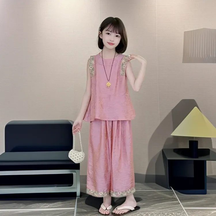 女童夏装花边套装2025新款韩版中大童休闲时尚无袖阔腿裤两件套潮