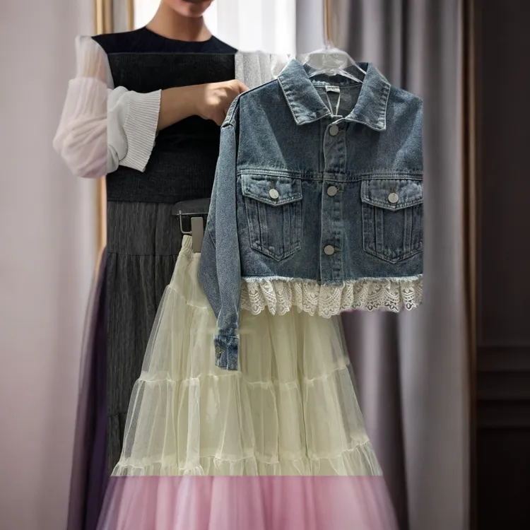 韩国童装女童2025春款儿童夹克外套牛仔外套蕾丝花边学生小个子