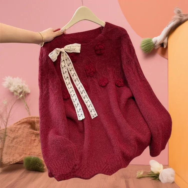 法式蕾丝蝴蝶结立体花朵毛衣女秋季大码胖MM高级感气质针织衫上衣