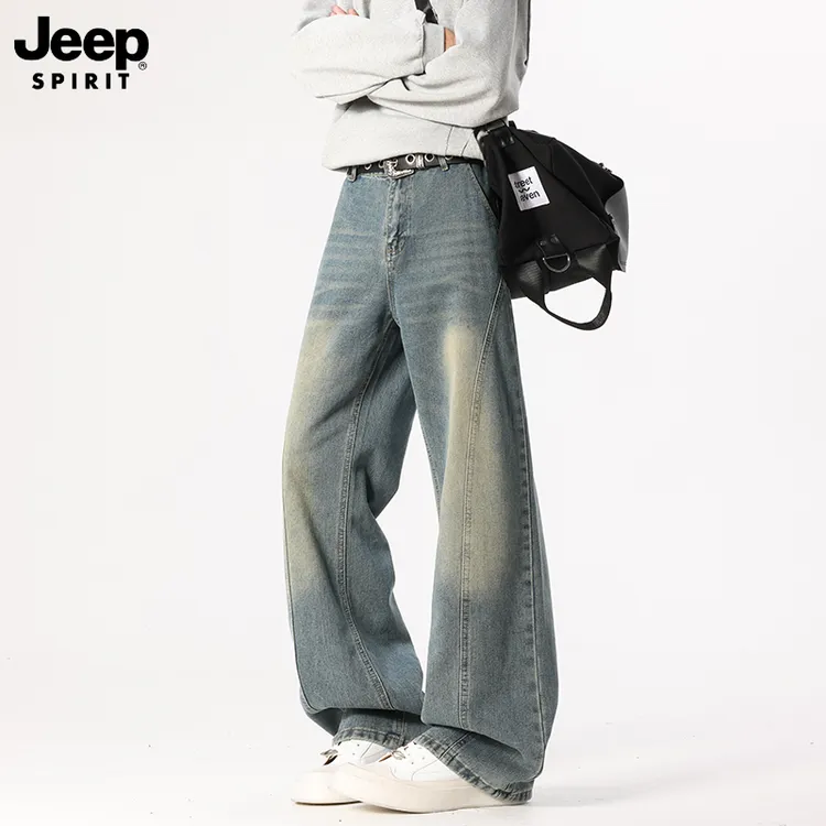 JEEPSPIRIT吉普美式高街牛仔裤男秋冬宽松阔腿弯刀设计感长裤子