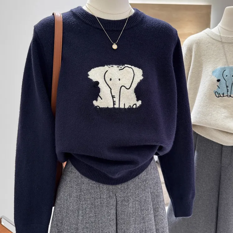 提花卡通小象针织衫女秋冬圆领百搭套头毛衣软糯宽松显瘦大码上衣