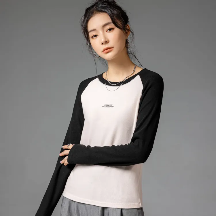 秋冬法式绒圆领撞色插肩袖长袖加绒打底衫女修身显瘦百搭T恤上衣