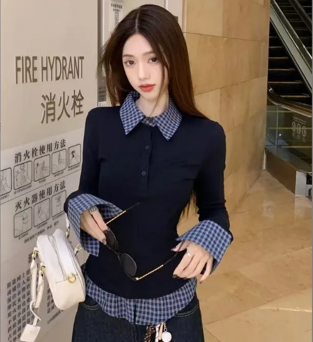 美式学院风假两件小众拼接衬衫长袖T恤女春秋新款修身收腰上衣