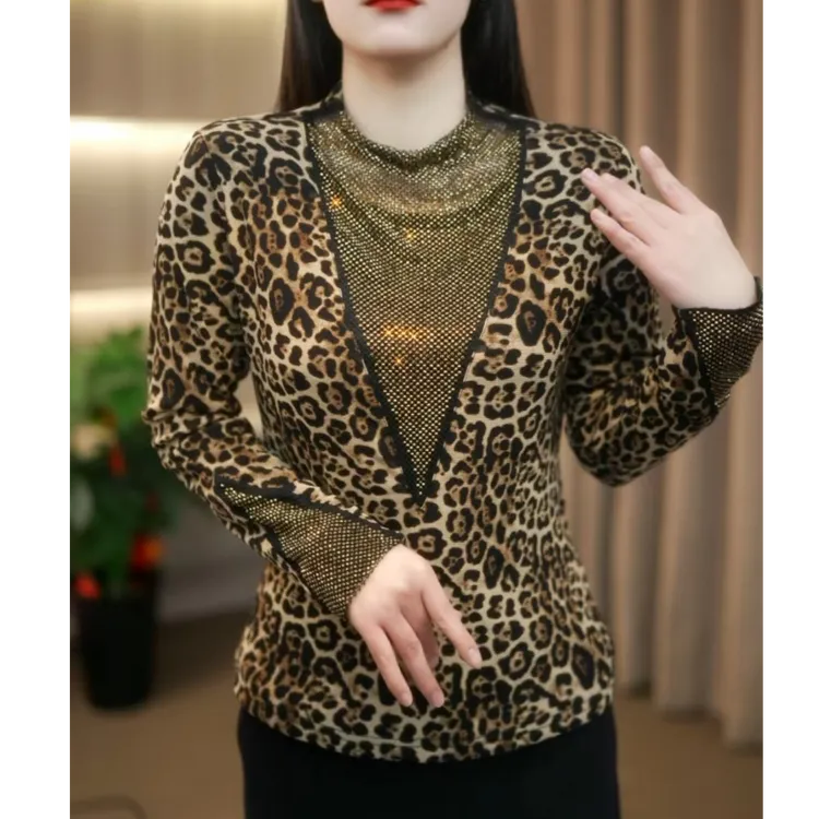 T恤常规款镶钻长袖烫钻显瘦法式时尚半领加绒气质小衫030