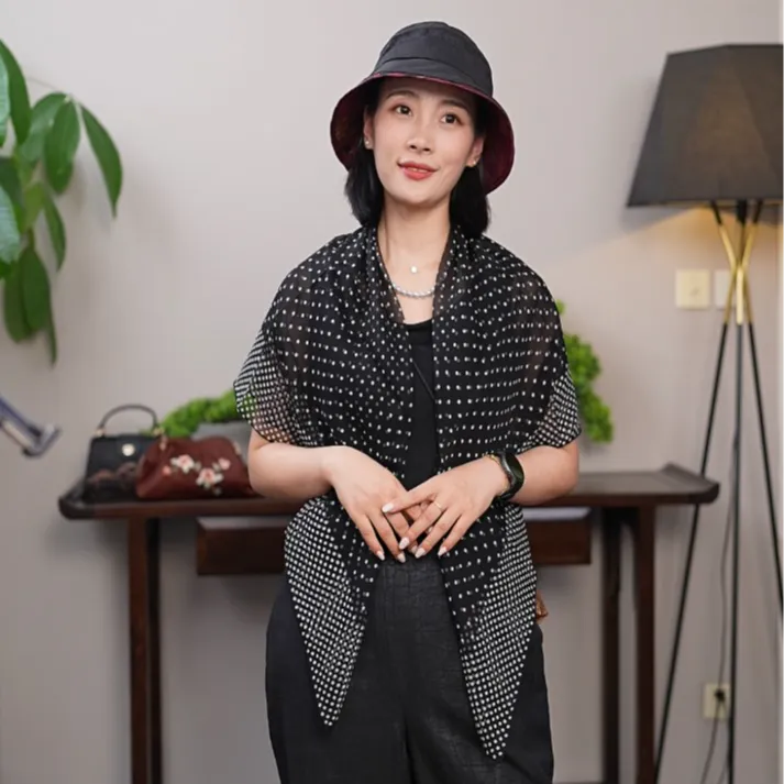 丝迷 波点 100%桑蚕丝乔其纱8姆米丝巾大方巾106*106cm