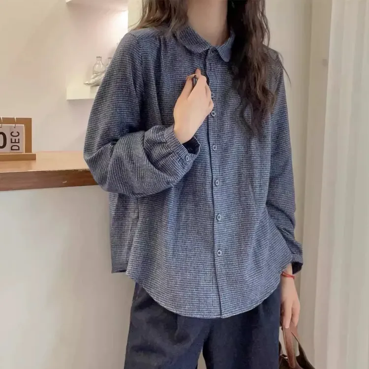 「复古小格子 高级感」磨毛衬衫女 春秋百搭小众宽松气质衬衣S040
