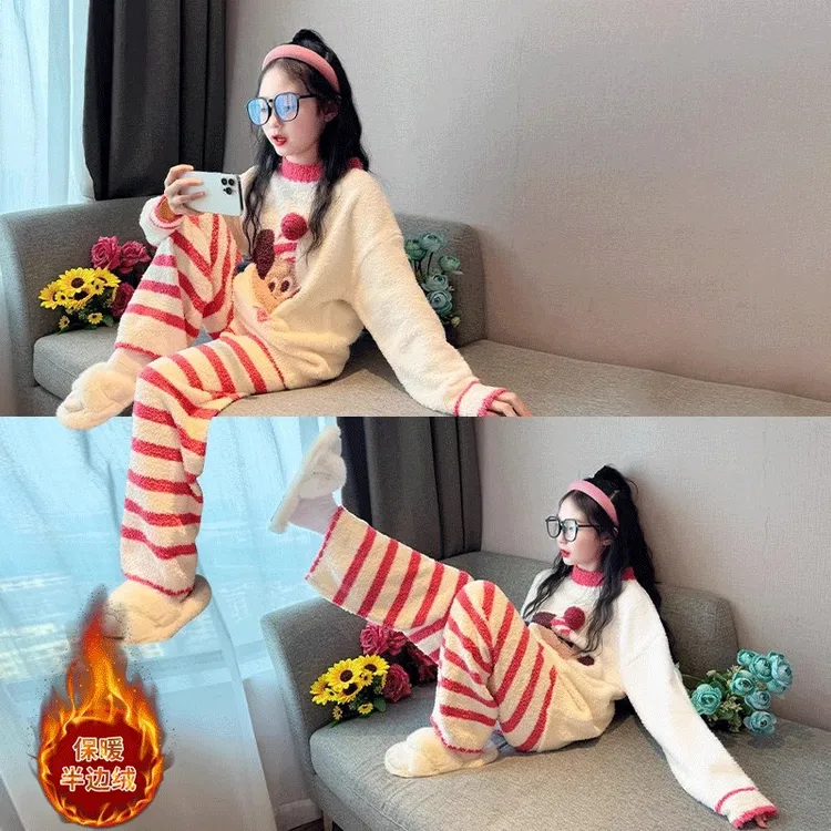 女童睡衣冬2025新款女大童初中生家居服珊瑚绒法兰绒冬季加厚套装