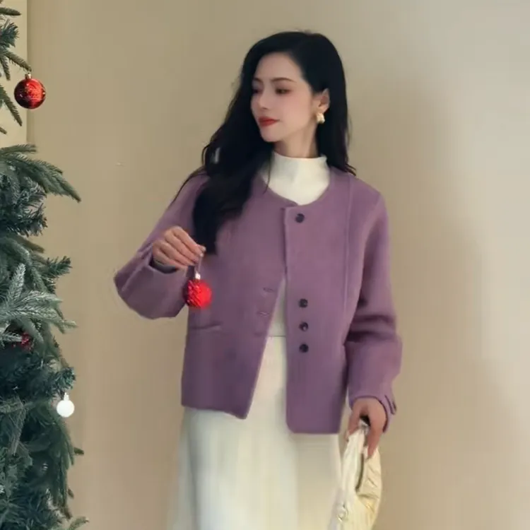 宽松型气质百搭秋冬羊毛外套圆领长袖褶皱常规