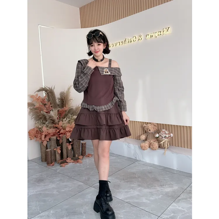 【之霖甄选】大码美拉德穿搭格纹拼接挂脖上衣女秋季胖MM显瘦两件套