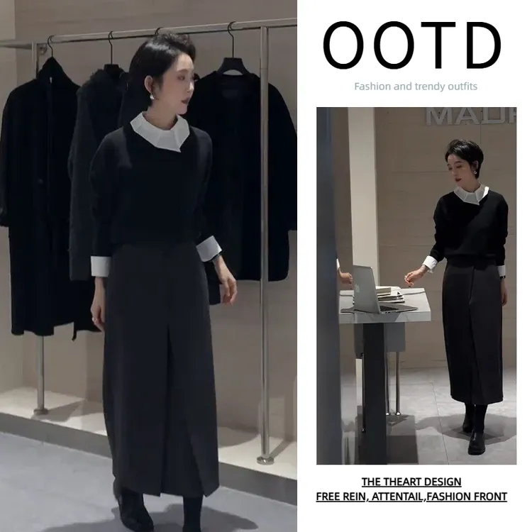 秋季流行穿搭一整套女新款白色衬衫叠穿针织衫半身裙三件套H10045