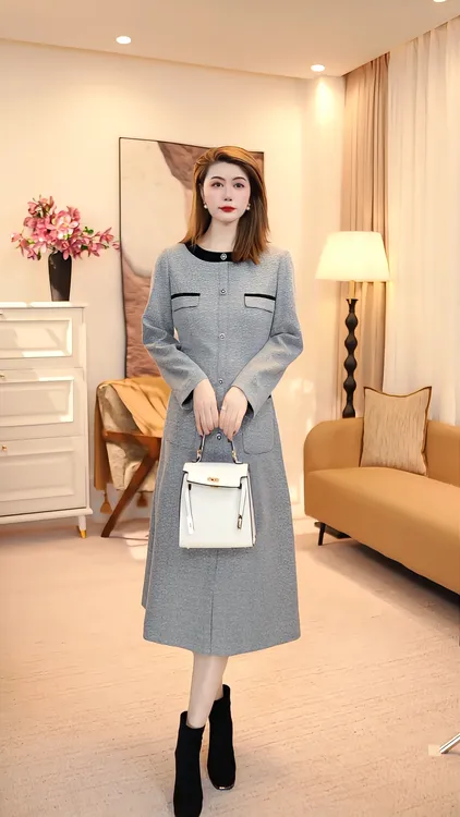 长袖圆领秋冬季套头款轻熟风连衣裙休闲长裙韩版气质 86093