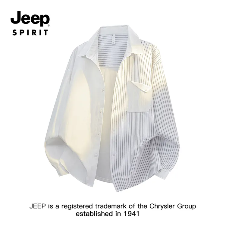 JEEPSPIRIT吉普条纹拼接衬衫外套男士新款春秋季大码休闲翻领夹克