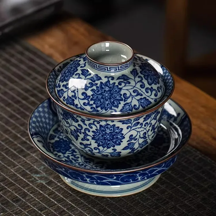 景德镇青花瓷缠枝莲大号三才盖碗茶杯家用防烫高档泡茶碗茶具套装