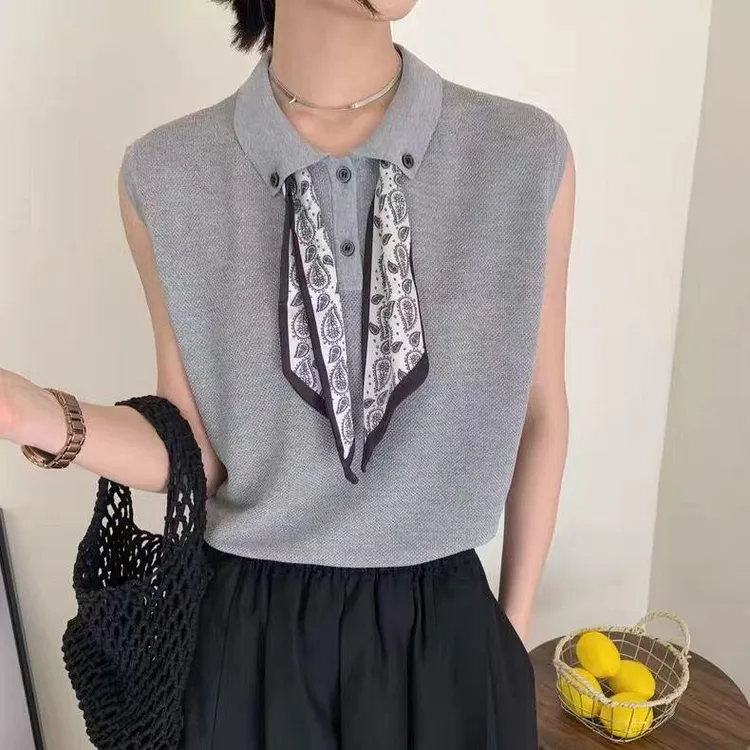 2025年新款翻领无袖内搭衫配丝巾显瘦减龄韩版小背心夏季洋气小衫