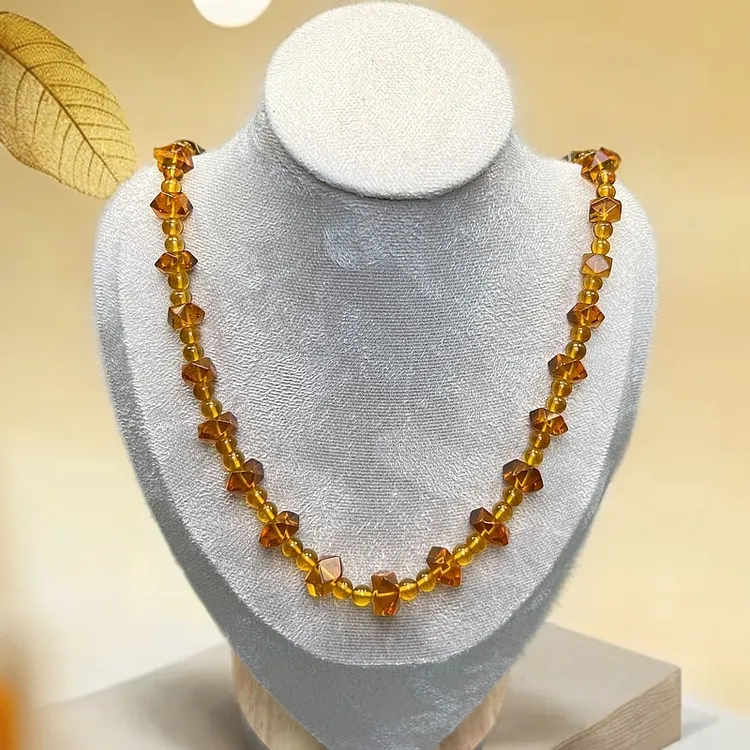 抚顺琥珀  八棱项链-豆油黄