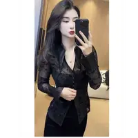 D1112纯欲风翻领网纱微透长袖蕾丝衫女收腰显瘦洋气上衣